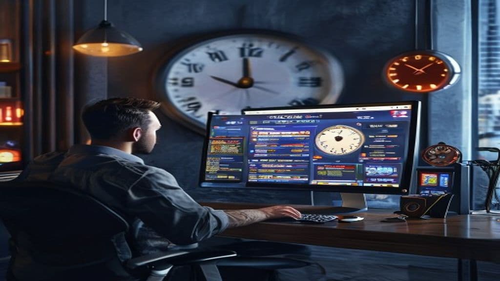 مدیریت زمان در کازینو آنلاین با نمایش ساعت دیواری و تایمر کنار کامپیوتر حین بازی
