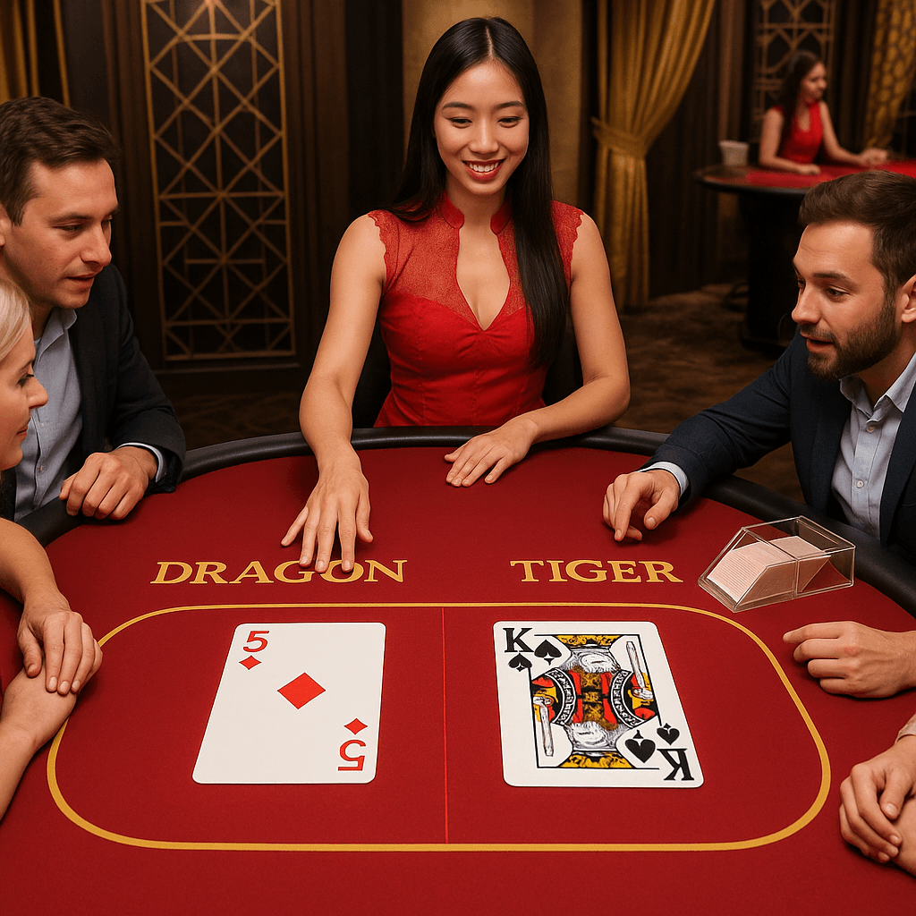بازی Dragon Tiger در کازینو زنده با کارت‌های رنگی و بازیکنان