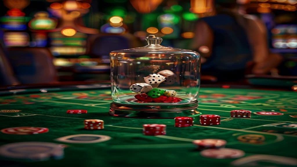 میز بازی تاس Sic Bo در کازینو زنده با سه تاس و مناطق شرط‌بندی متنوع برای علاقه‌مندان بازی کازینویی