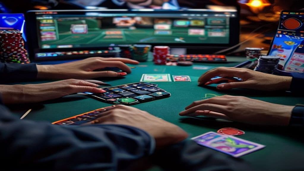 محیط بازی پوکر آنلاین با چند میز فعال و بازیکن حرفه‌ای در حال Multi-Tabling برای آموزش پوکر