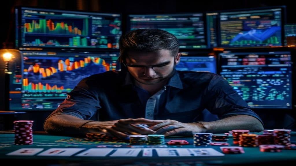 بازیکن پوکر آنلاین در حال بررسی تاریخچه دست‌ها و آمار برای بهبود تصمیم‌گیری و استراتژی بازی