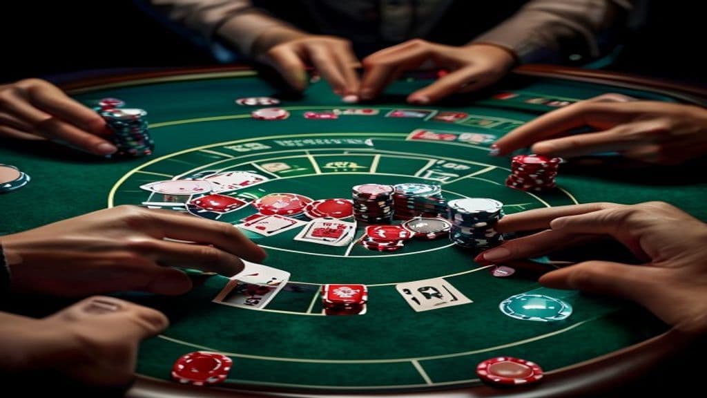 محاسبه pot odds در پوکر آنلاین با چیپ‌ها و کارت‌ها روی میز برای تصمیم‌گیری بهتر