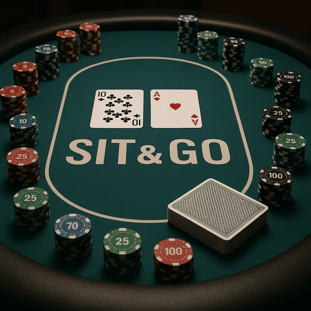 تصویری از میز پوکر با چیپ‌ها و کارت‌ها برای مسابقه Sit & Go.